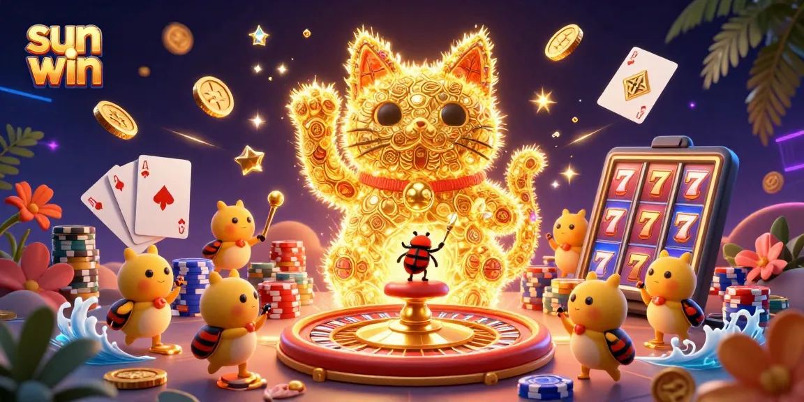 Experience thrilling wins with sun win illustrated in an energetic casino scene full of gold and excitement.