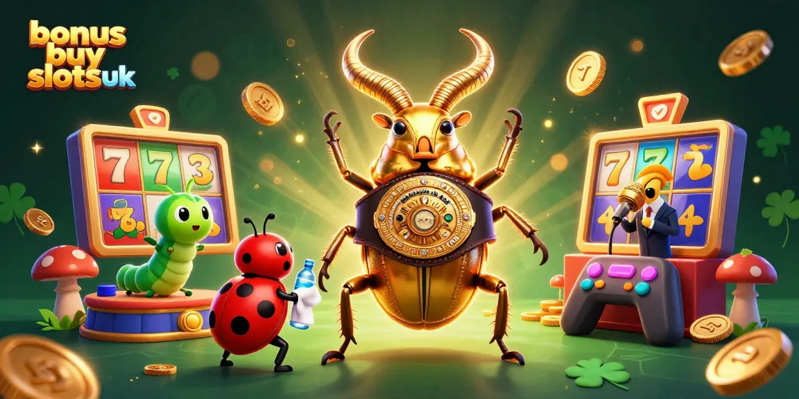 Engage with bonus buy slots uk, featuring a giant stag beetle champion and colorful casino elements.