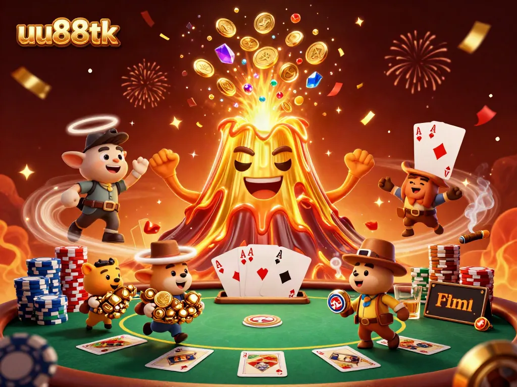 uu88tk casino illustration with golden volcano erupting treasure during a poker game celebration.