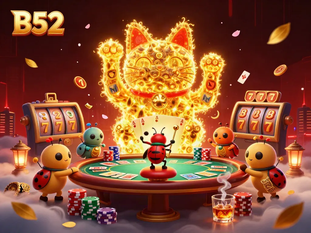 Experience the excitement of B52 casino games with golden lucky cats and vibrant poker elements.