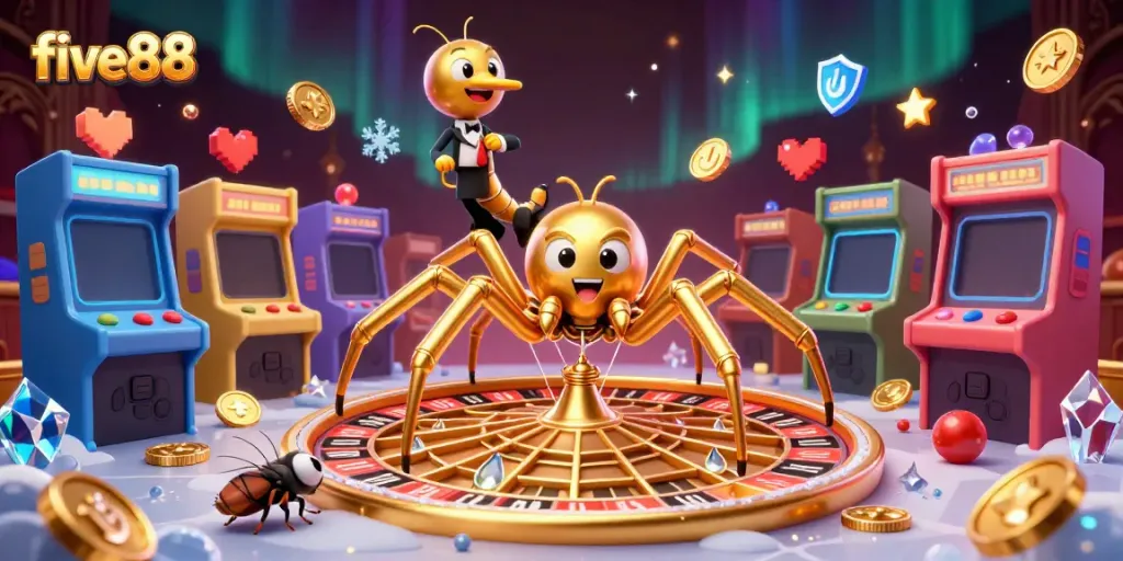 Experience betting excitement with a fly placing bets at five88's roulette wheel spun by a golden spider.