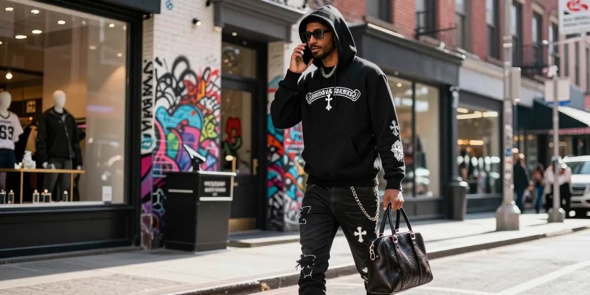 Chrome Hearts fashion statement with stylish hoodie and gothic accessories in urban setting.