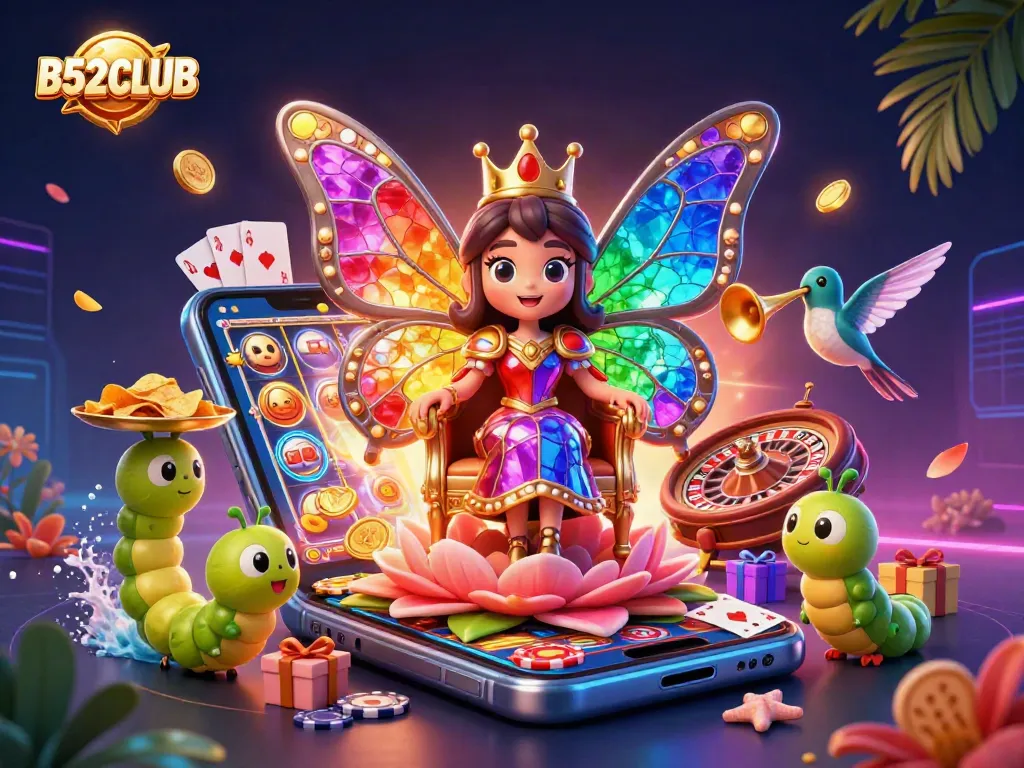 B52CLUB showcases an exciting gaming experience featuring a butterfly queen in a vibrant casino setting.