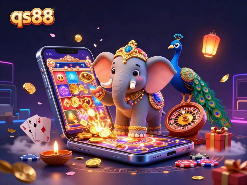 Experience thrilling slots at qs88 with a vibrant scene featuring an elephant, peacock, and casino elements.