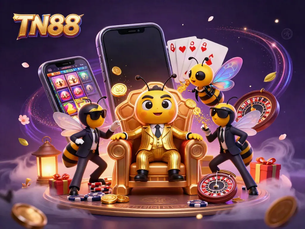Witness TN88's casino magic as a bumblebee mob boss reigns over a vibrant gaming scene filled with golden treasures.