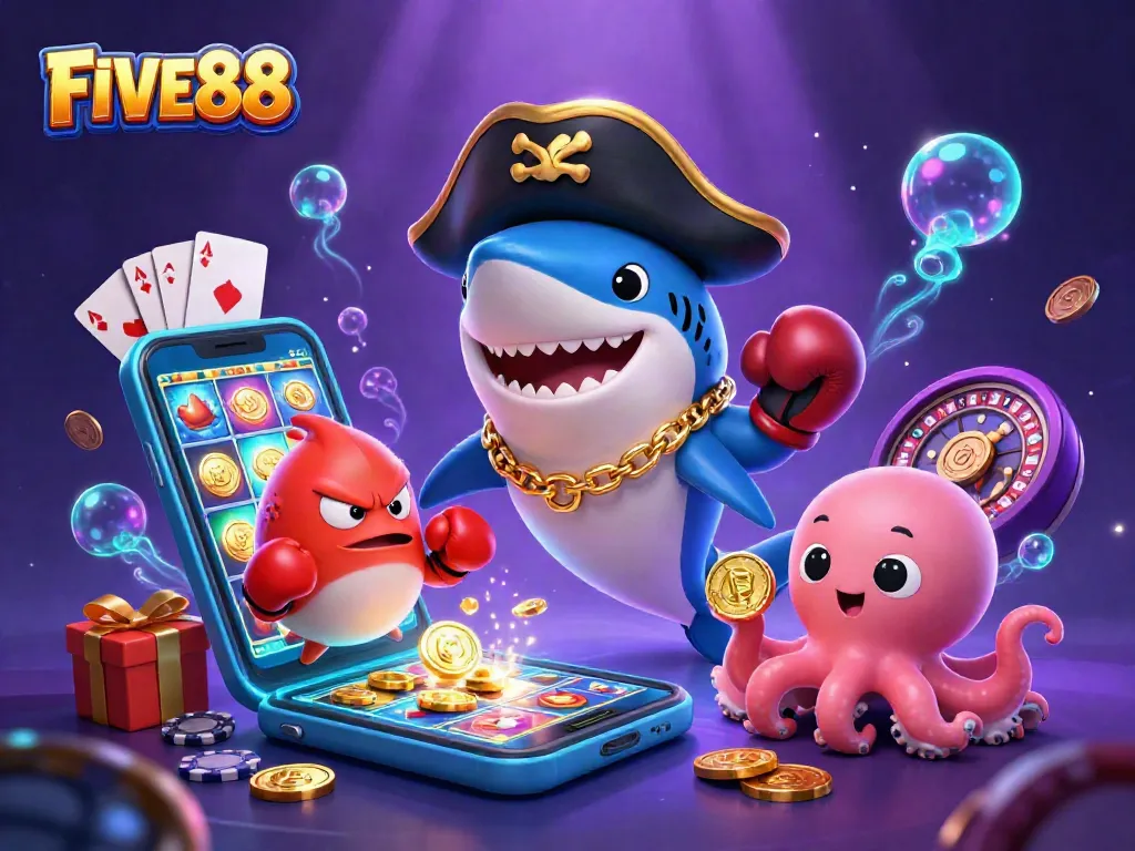 Experience the thrill of FIVE88 with a vibrant 3D cartoon casino scene full of action and excitement.
