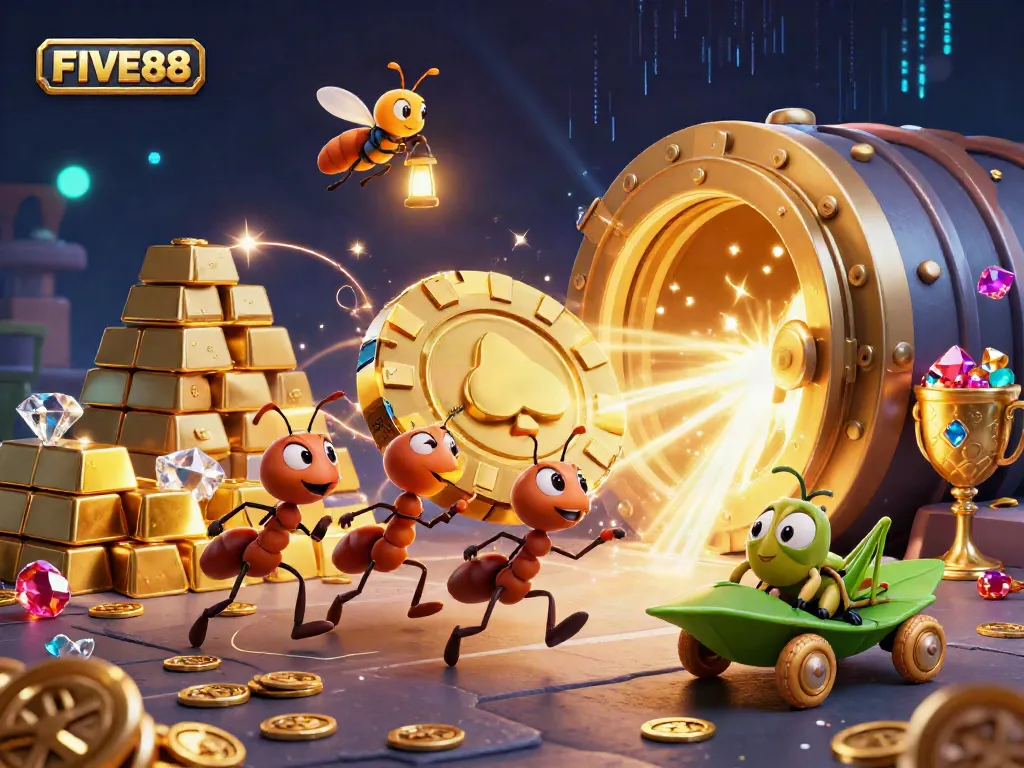 FIVE88 enhances the thrill with a 3D illustration of ants heisting poker chips amidst dazzling casino elements.