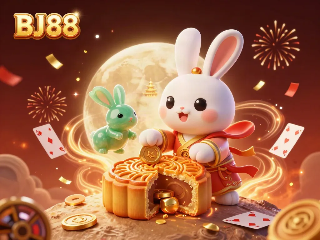 BJ88 features a lively 3D scene with moon rabbit and poker elements, emphasizing vibrant casino energy.