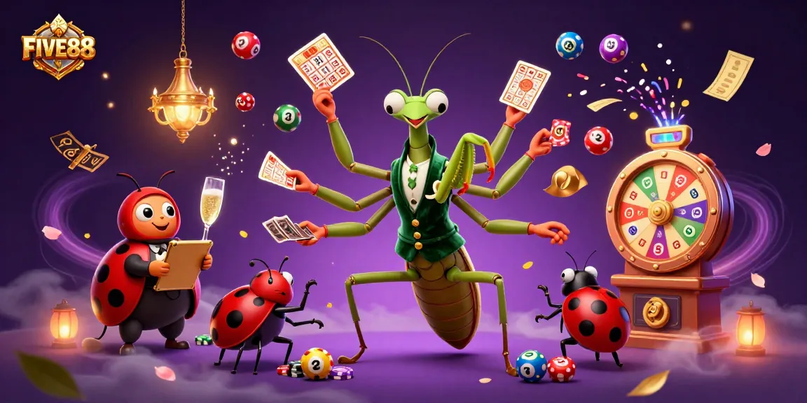 Engage with FIVE88’s vibrant casino aesthetic featuring whimsical characters and dynamic elements.