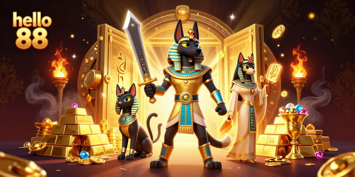 Experience hello 88 with Anubis and Bastet in a vibrant casino setting filled with treasures.