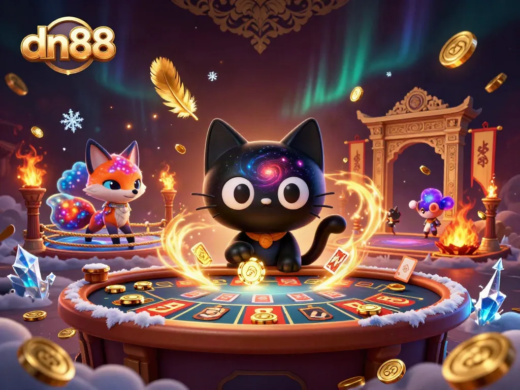 Experience thrilling gameplay with dn88 as the black hole cat attracts winning chips in a vibrant cosmic casino scene.