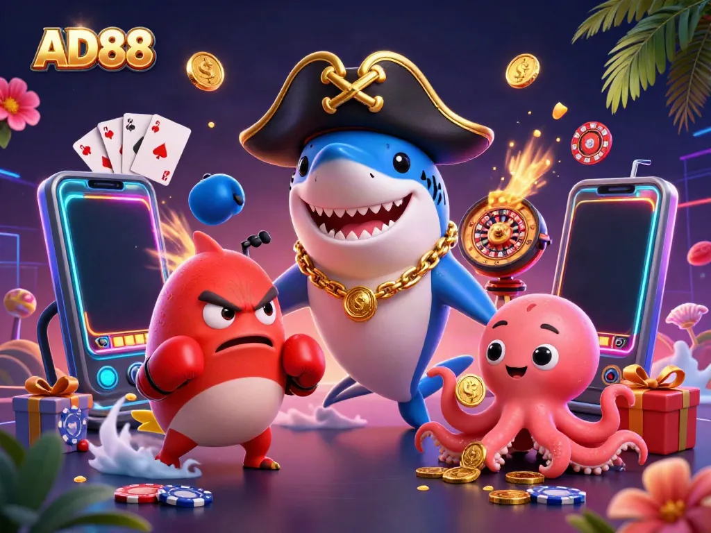Experience thrilling winnings at AD88 with dynamic 3D casino characters and vibrant gaming elements.