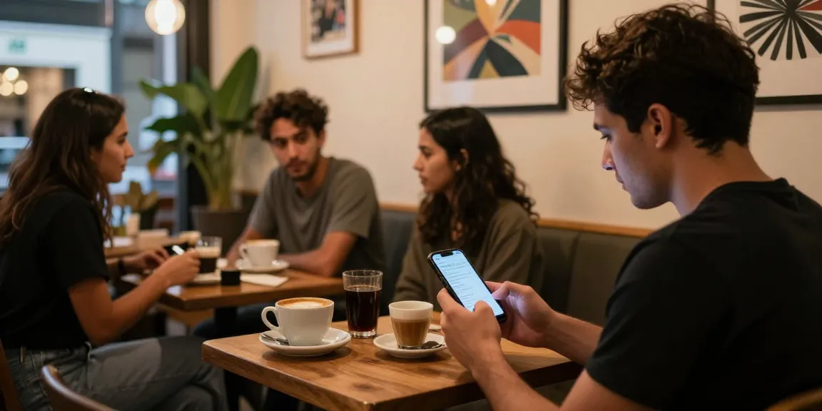 Person viewing NSFW content alerts in cozy coffee shop setting, highlighting casual urban lifestyle.