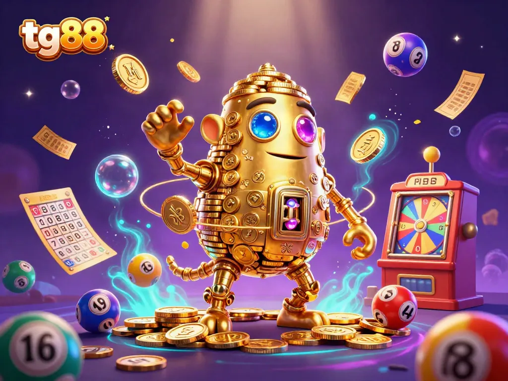 Experience the excitement at tg88 with a dynamic 3D illustration of a golden golem and casino game elements.
