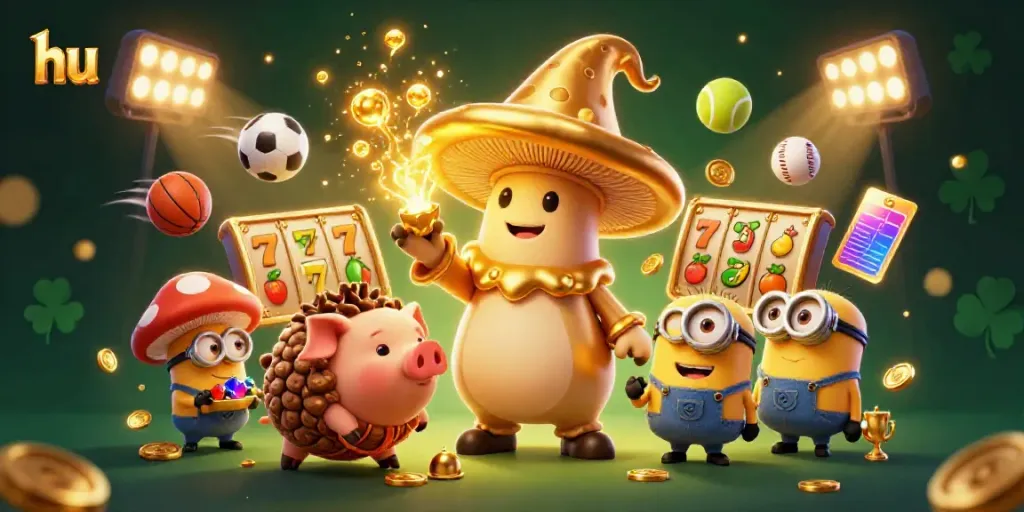 Engage in the magic of slots and sports betting at hu while collecting treasure from a whimsical 3D scene.