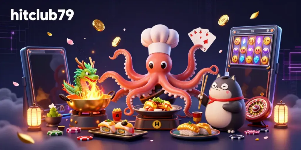 Experience the excitement at hitclub79 with a rich 3D casino atmosphere featuring gaming elements and enchanting characters.