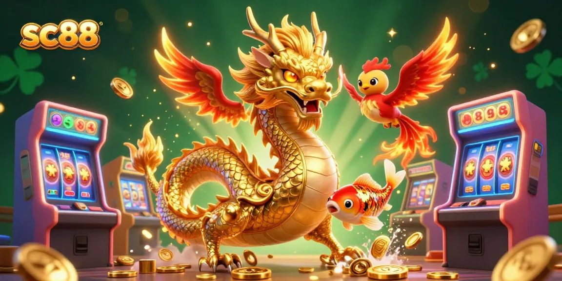 Engage with sc88 at a vibrant casino scene featuring a golden dragon, phoenix, and koi fish amid dynamic slot elements.