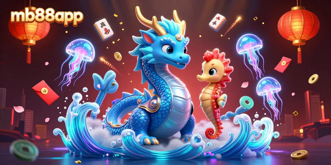 Experience exciting gaming with mb88app featuring a 3D dragon, seahorse knight, and glowing jellyfish.