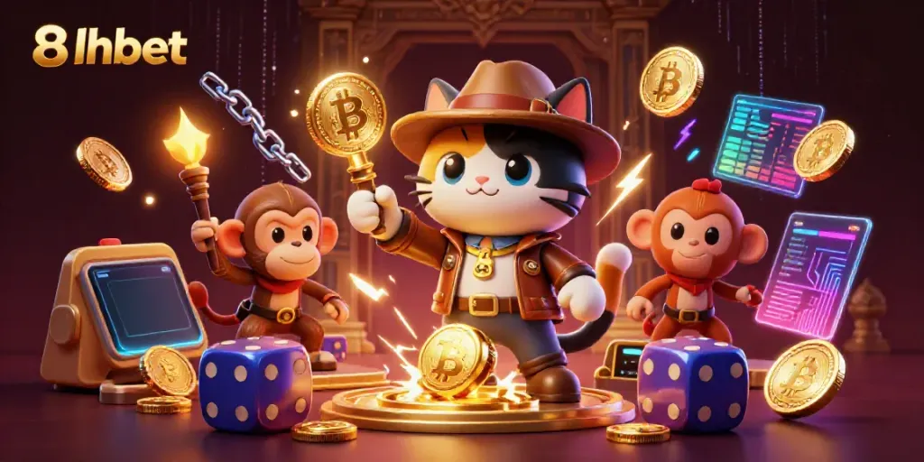 Uncover thrilling gaming with 8xbet as the cartoon archaeologist cat explores a golden casino artifact.