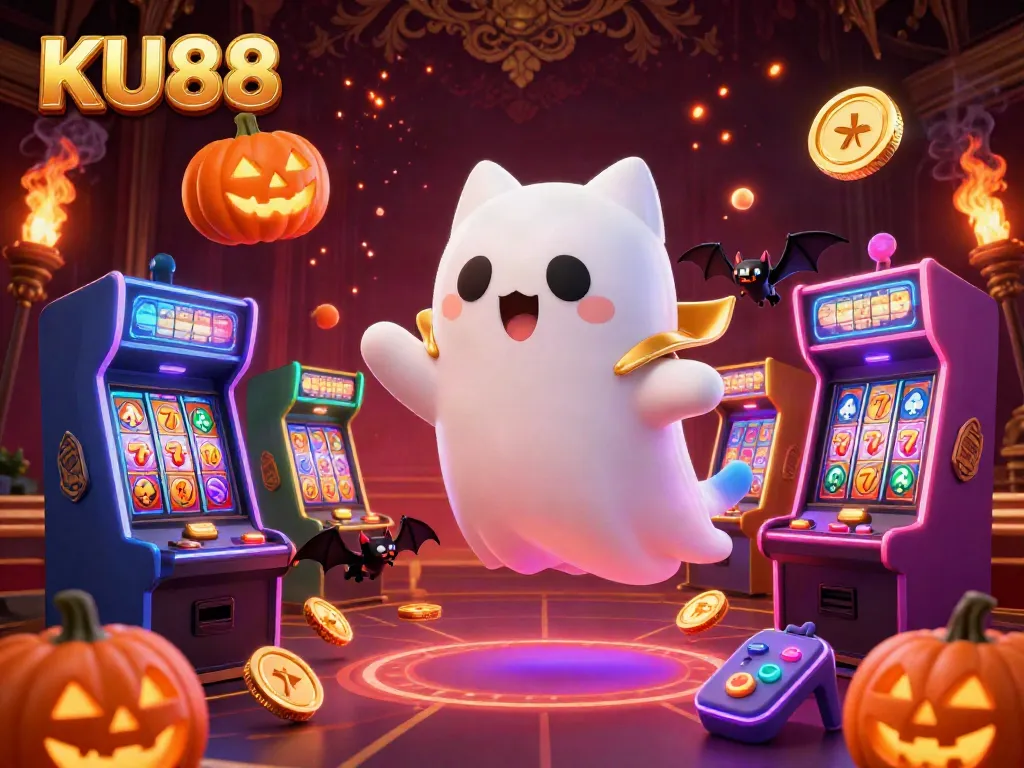 Engage in the thrilling world of KU88 with vibrant slot machines and a ghost cat companion.