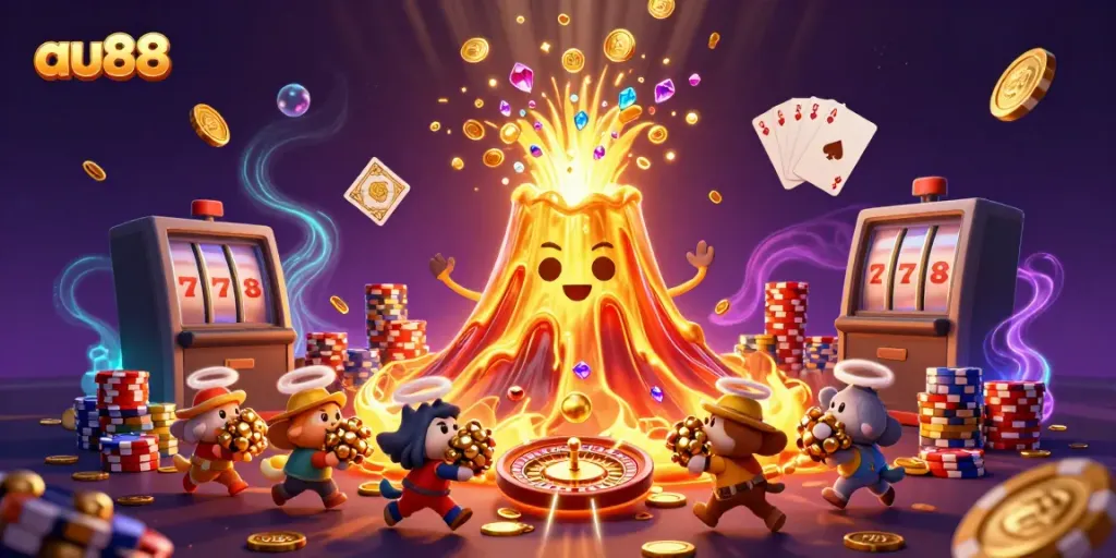 Experience the thrill of winning at au88 with a dynamic casino-themed scene filled with treasures.