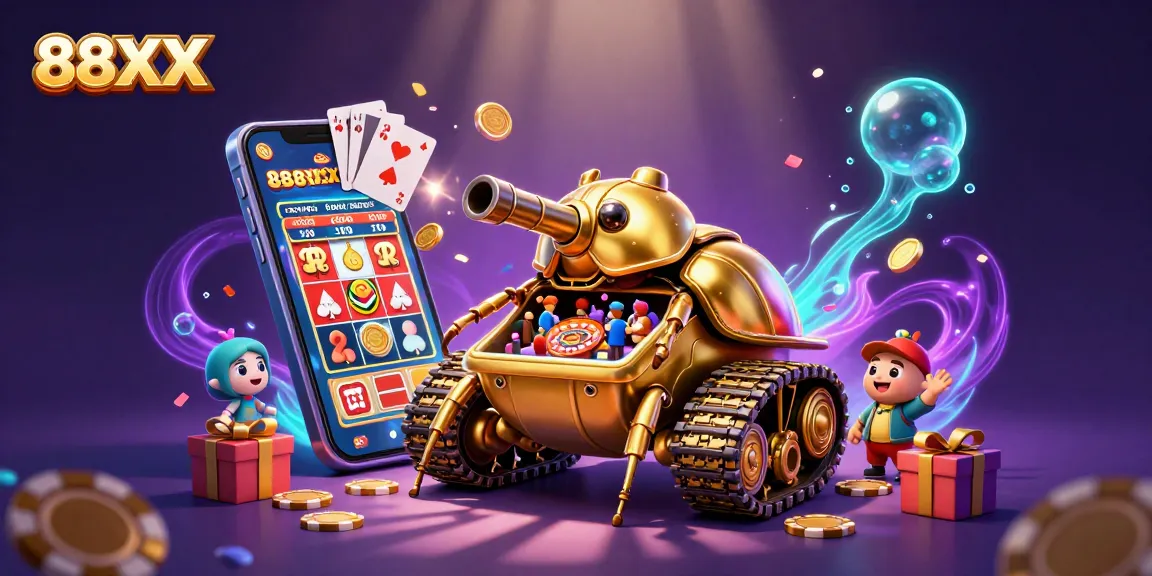Engage with the vibrant 88XX casino scene featuring a golden beetle tank and dynamic gaming elements.