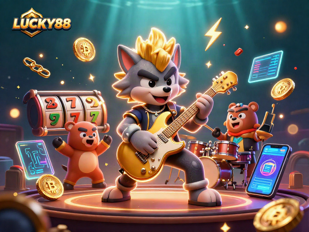 Experience LUCKY88 excitement with a vibrant scene of slot gameplay and characters performing on stage.