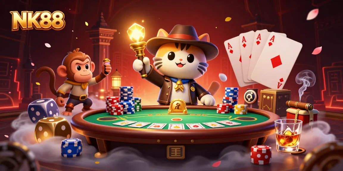 Engage in thrilling gameplay at NK88, featuring vibrant poker scenes with characters discovering treasures.