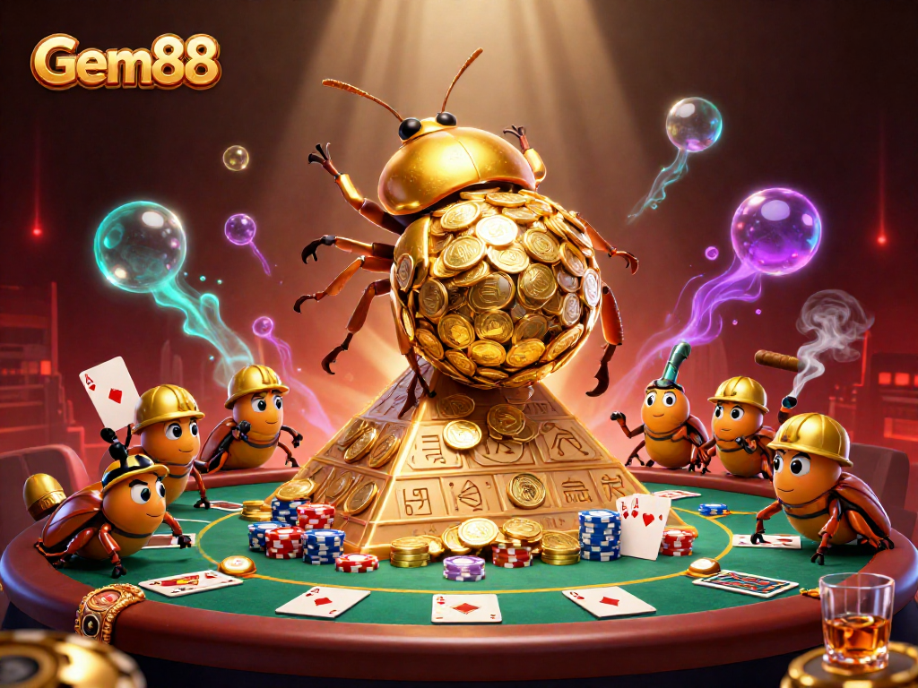 Engage with Gem88's exciting gaming experience featuring a golden beetle and poker elements.