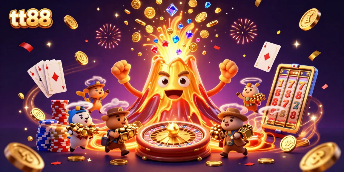 Experience winning at tt88 with vibrant casino elements, featuring a joyful volcano erupting treasures.