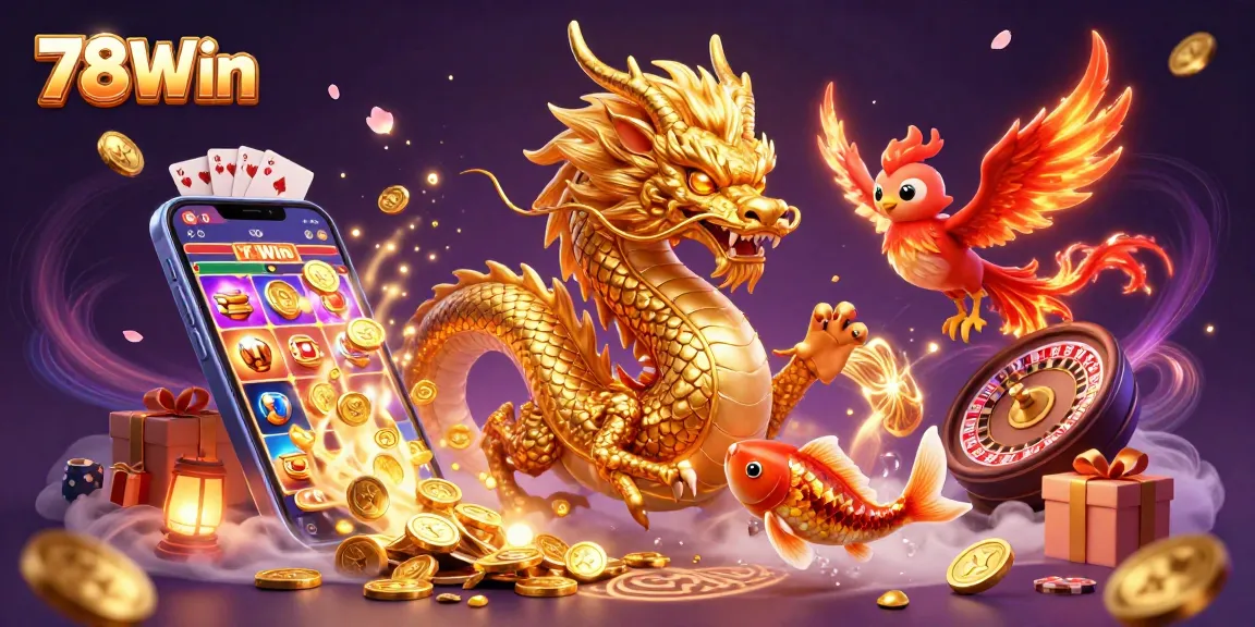 Experience thrilling wins at 78Win with a dynamic scene featuring a golden dragon and colorful game elements.