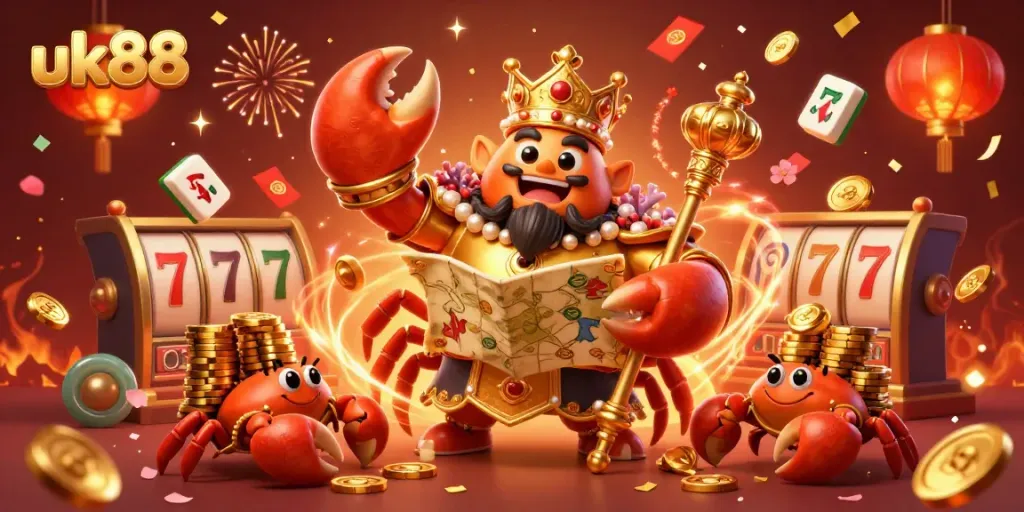 Play exciting slots and games at uk88's vibrant casino scene featuring a golden crab emperor!