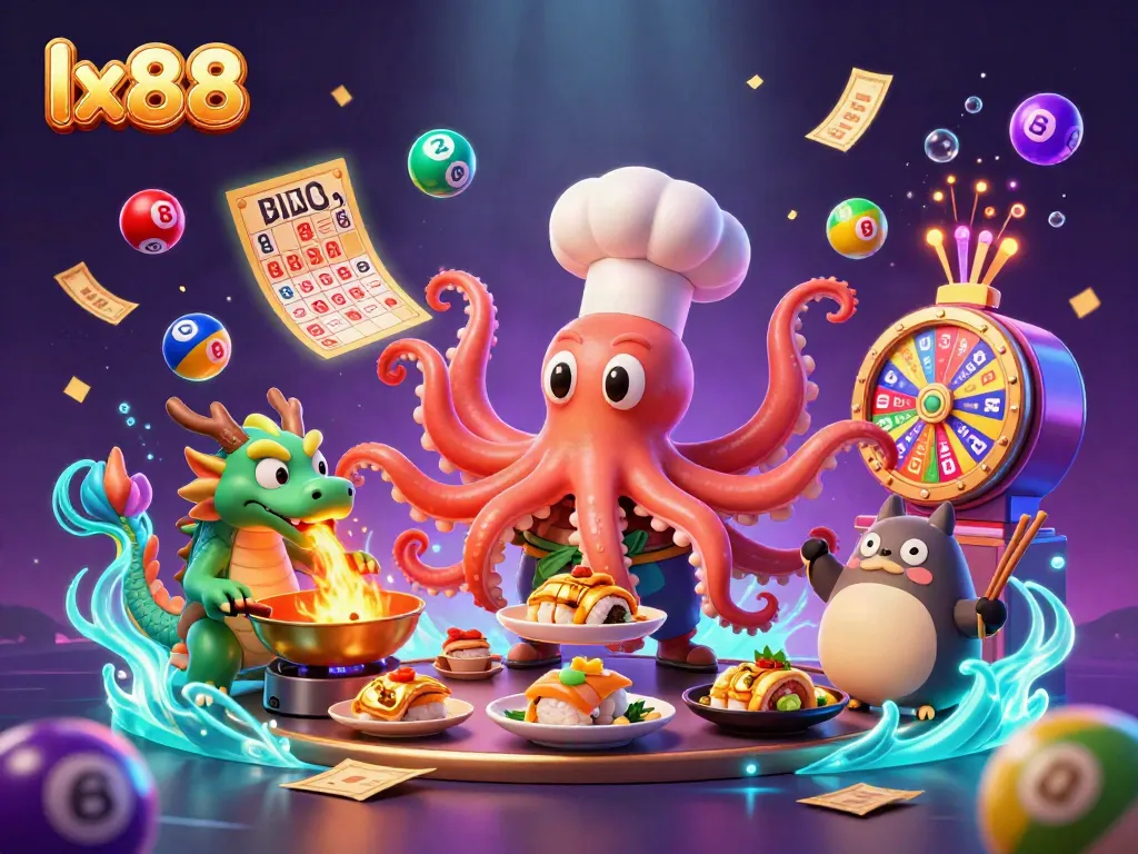 Join the excitement at lx88 as a chef octopus creates golden dishes amidst vibrant lottery fun.