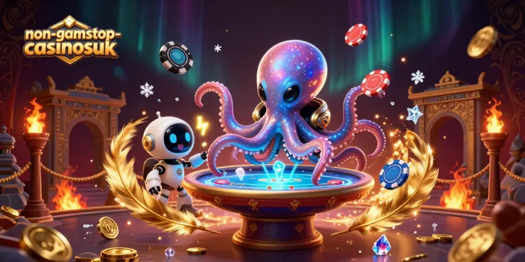 Engage with exciting poker rounds at non-gamstop-casinosuk, featuring a vibrant alien casino scene.