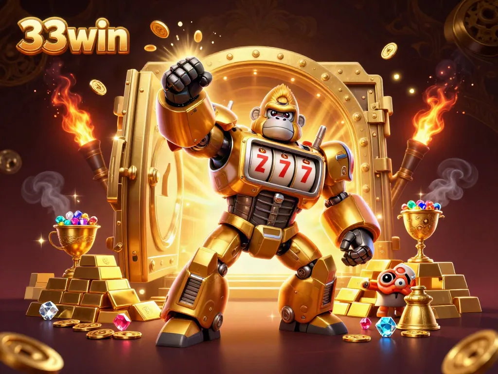 33win's dynamic golden gorilla mech smashing through coins, showcasing exciting casino elements.