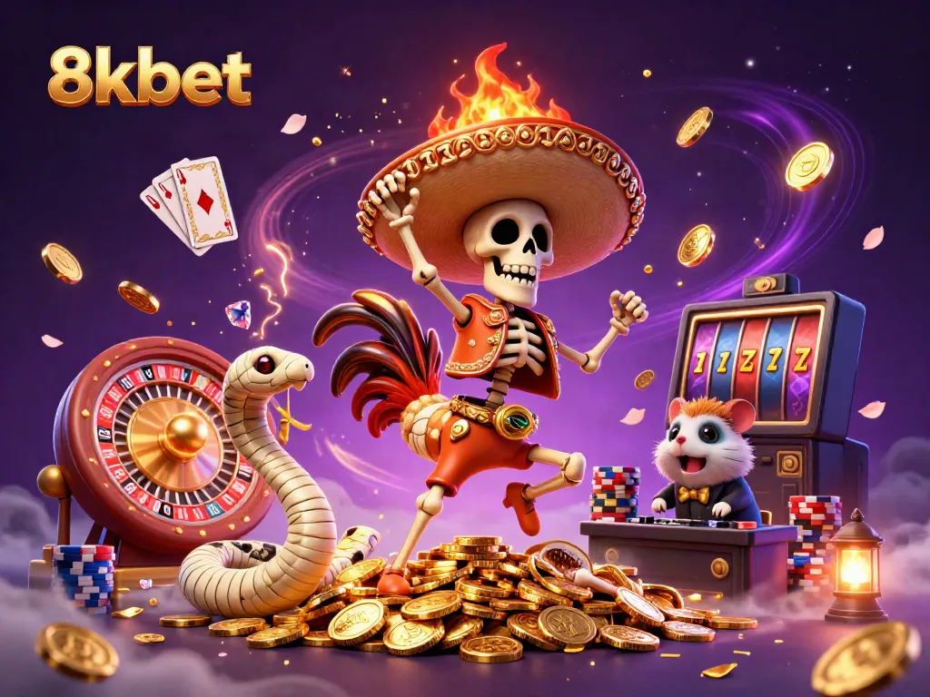 Engage in exciting games at 8xbet with a thrilling digital casino scene featuring colorful characters.