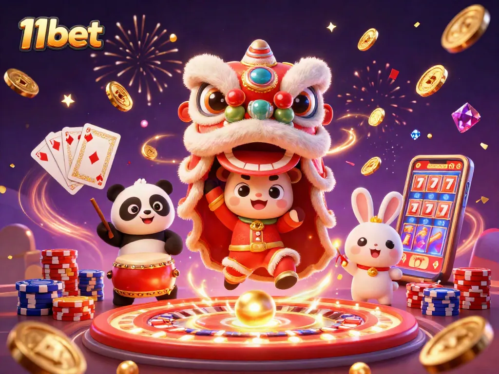 Experience the excitement of gaming at 11bet with cartoon characters, coins, and a roulette wheel in a vibrant casino scene.