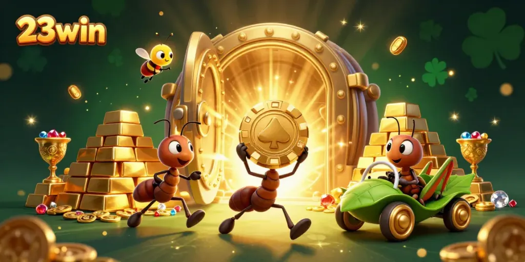 Experience the thrilling heist by 23win's tiny cartoon ants carrying a giant poker chip amidst treasures and golden decor.