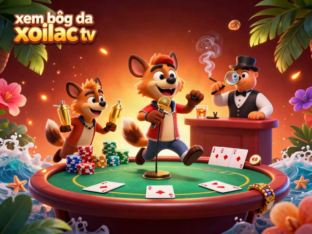 Engage with xem bóng đá xoilac tv in this dynamic casino scene featuring hyenas, poker elements, and vibrant decorations.