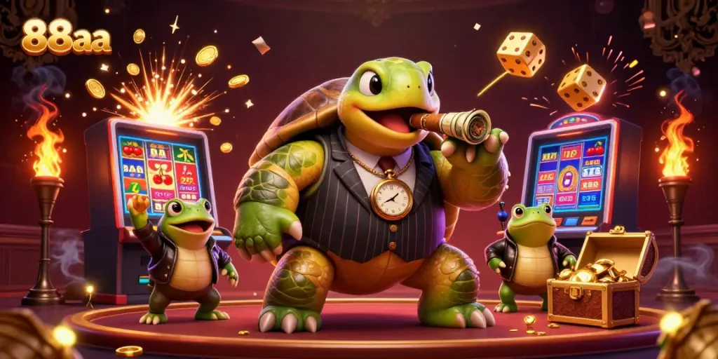 Spin the exciting 88aa slots featuring a cartoon turtle mobster amidst casino action.