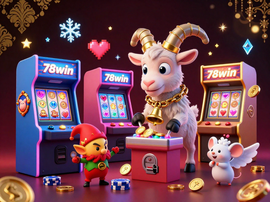 Engage with 78win's festive casino scene featuring playful characters and vibrant gaming elements.