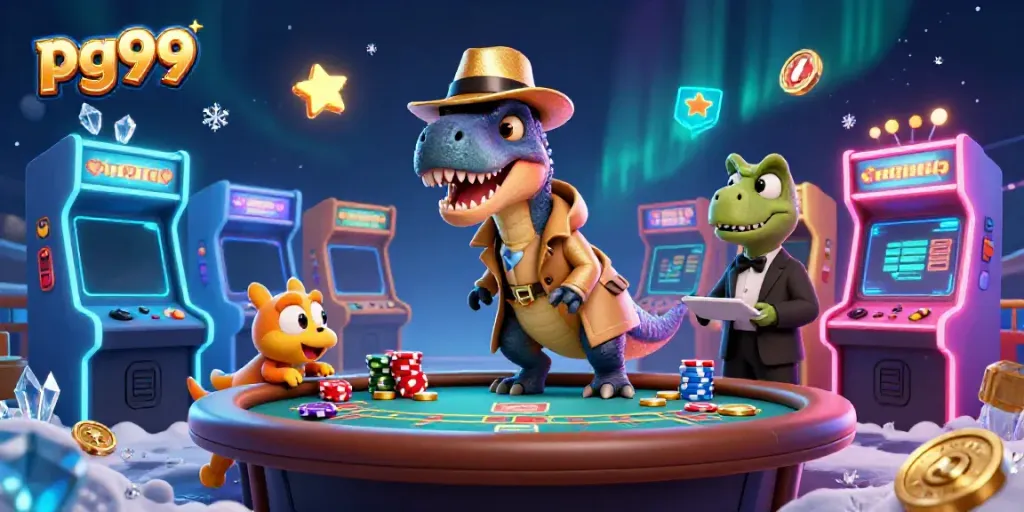 pg99 velociraptor card counter blending with dinosaurs in a vibrant casino scene.