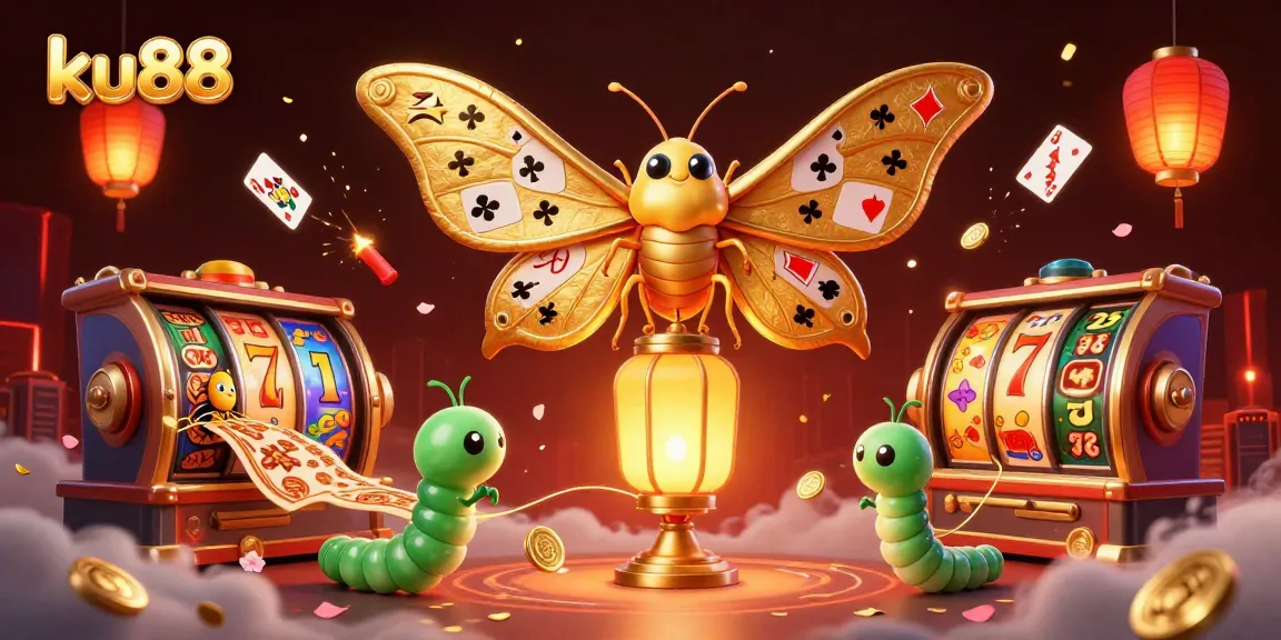 Engage with ku88's vibrant casino scene featuring a majestic atlas moth with golden wings and dynamic slot reels.
