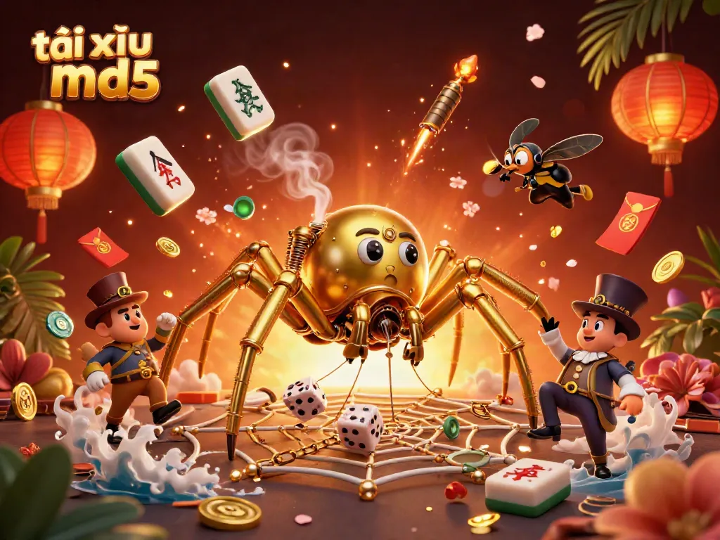 Engage in tài xỉu md5 gameplay with a vibrant 3D cartoon scene featuring a golden spider and a fly gentleman.