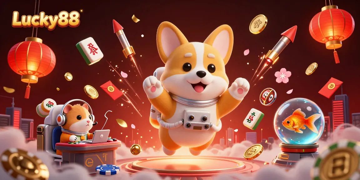 Lucky88 casino adventure with an astronaut corgi and fun gaming elements floating in zero gravity.