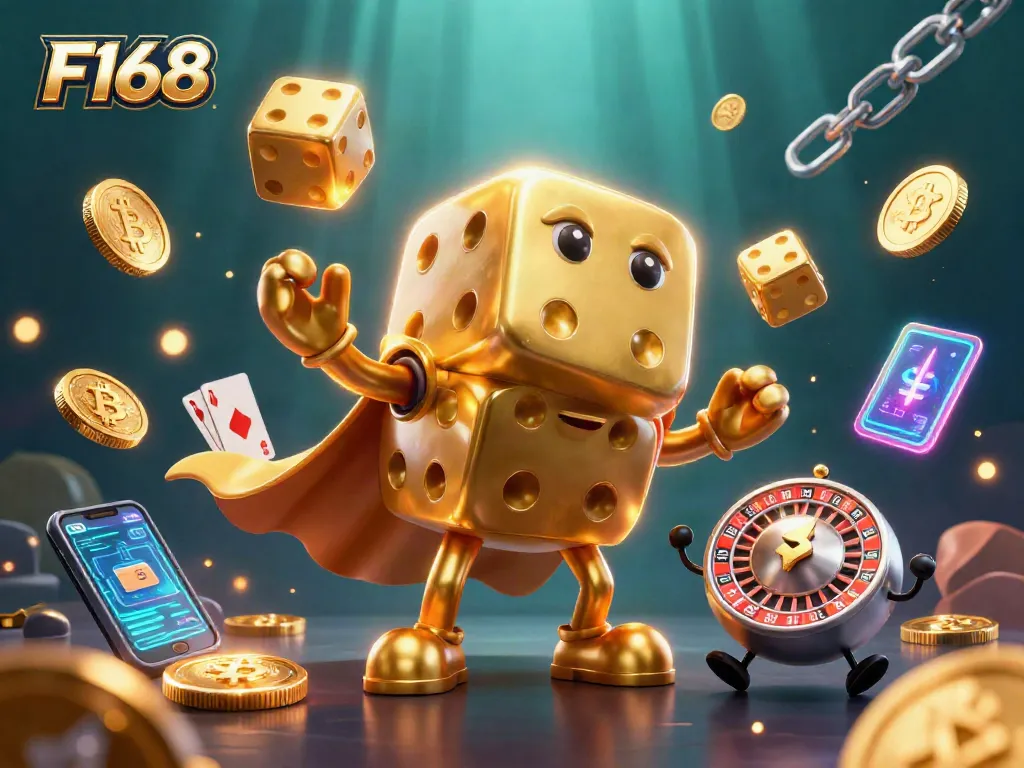 Experience F168's thrilling casino dynamics with golden dice and cryptocurrency elements in a vibrant 3D scene.