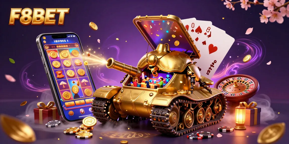 Experience the vibrant world of F8BET with a miniature casino inside a golden beetle tank, full of gaming excitement.