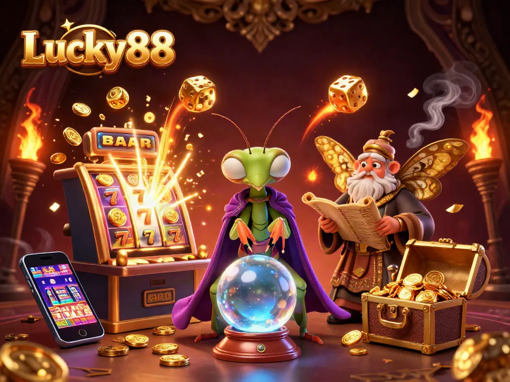 Experience Lucky88 with a mystical scene of fortune-telling amidst dynamic jackpot elements.