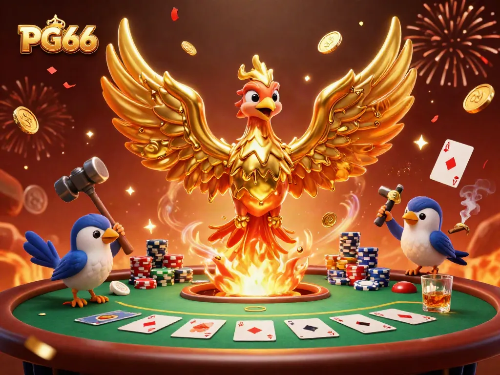 Experience PG66 with a molten golden phoenix and poker action, showcasing vibrant casino elements.