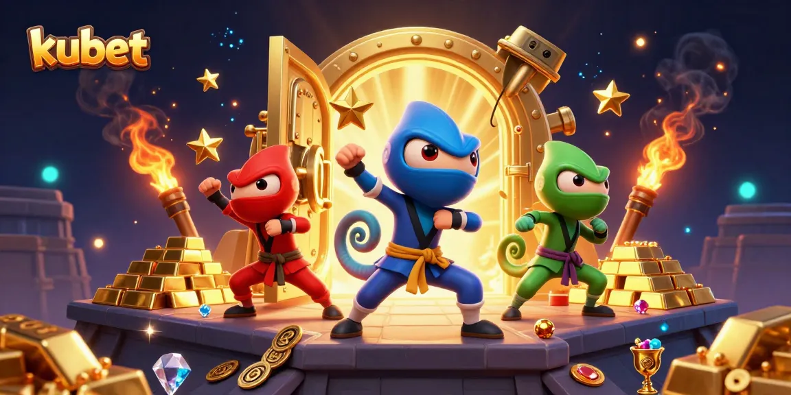 Kubet's chameleon ninjas showcase synchronized martial arts in a treasure-filled casino scene.